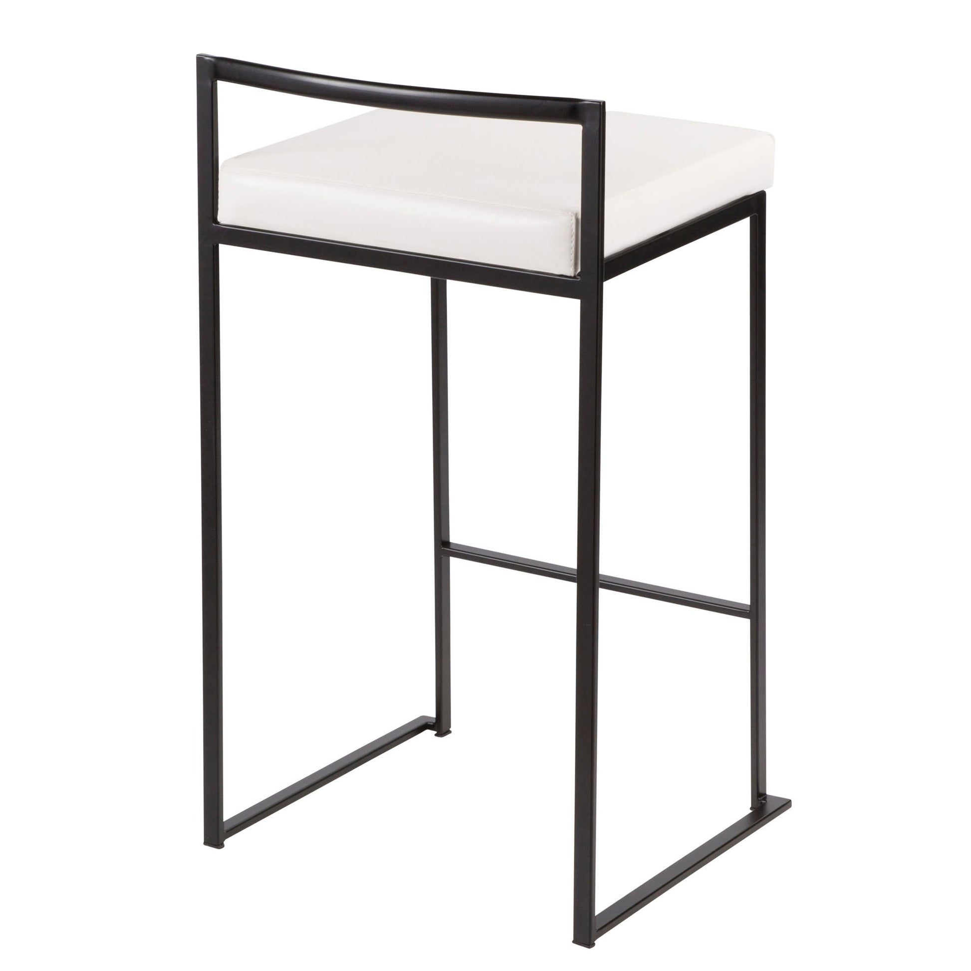 The Fuji Contemporary Style Stackable Counter Stool features a black metal frame, rectangular open back, white cushioned seat, and minimalist design with clean lines and no armrests.