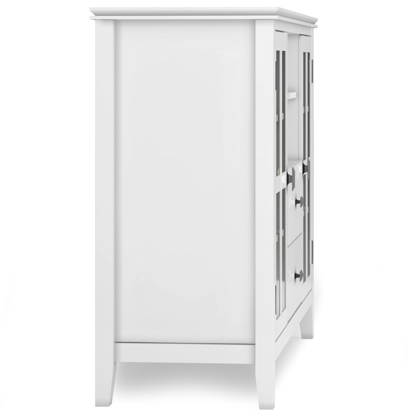 Side view of the Artisan Handcrafted Tall TV Media Stand in white, featuring paneled doors, two drawers with round metal knobs, and four legs, set against a plain white background.