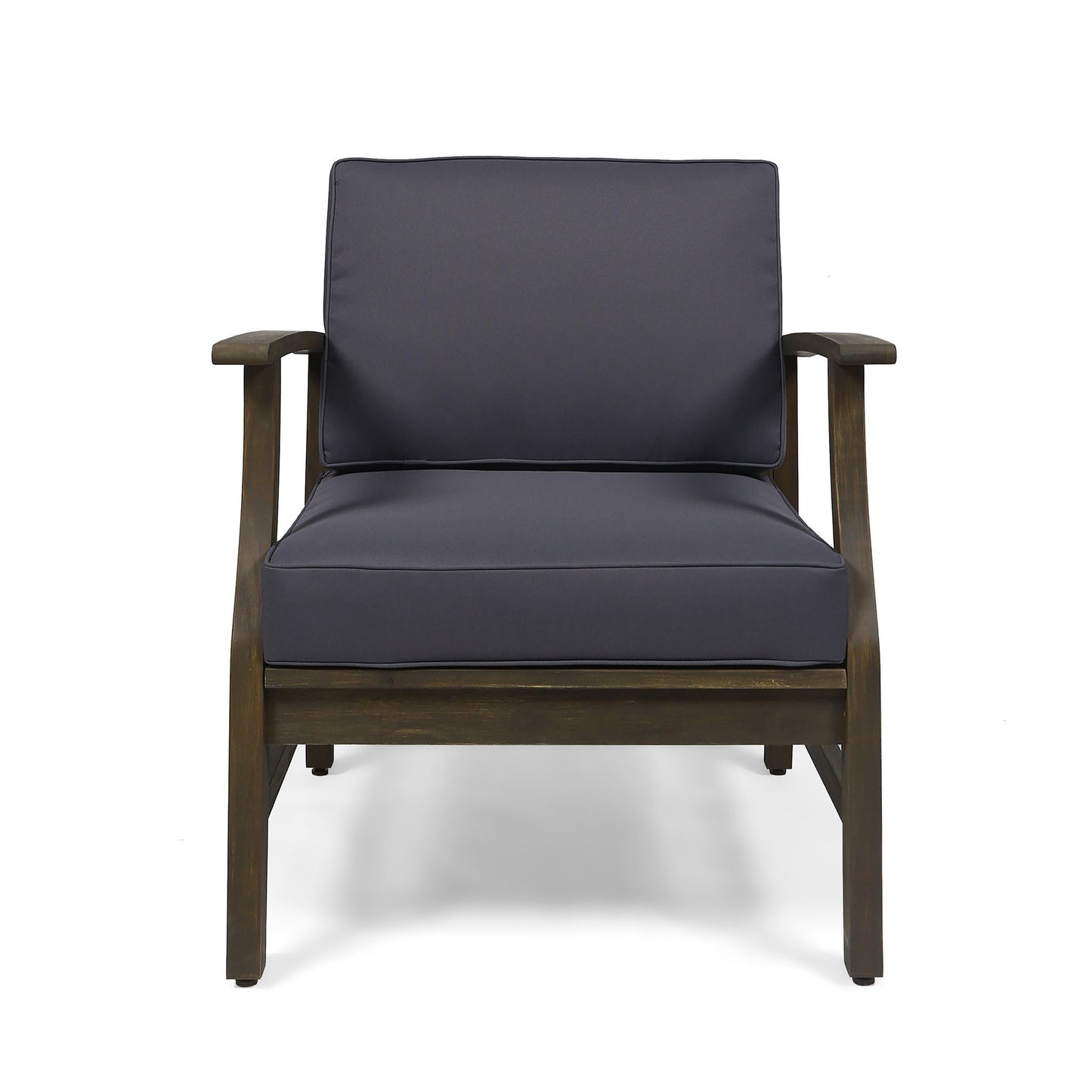 Front view of the Perla - Contemporary Club Chair, featuring straight wooden armrests and modern design, with dark navy blue water-resistant cushions on the seat and back, shown against a white background.