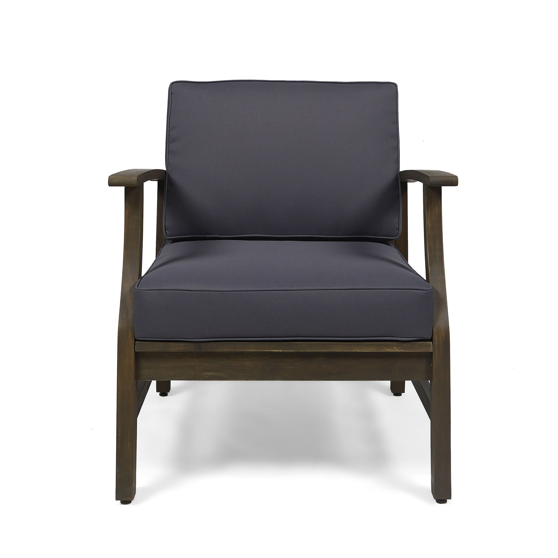 Front view of the Perla - Contemporary Club Chair, featuring straight wooden armrests and modern design, with dark navy blue water-resistant cushions on the seat and back, shown against a white background.
