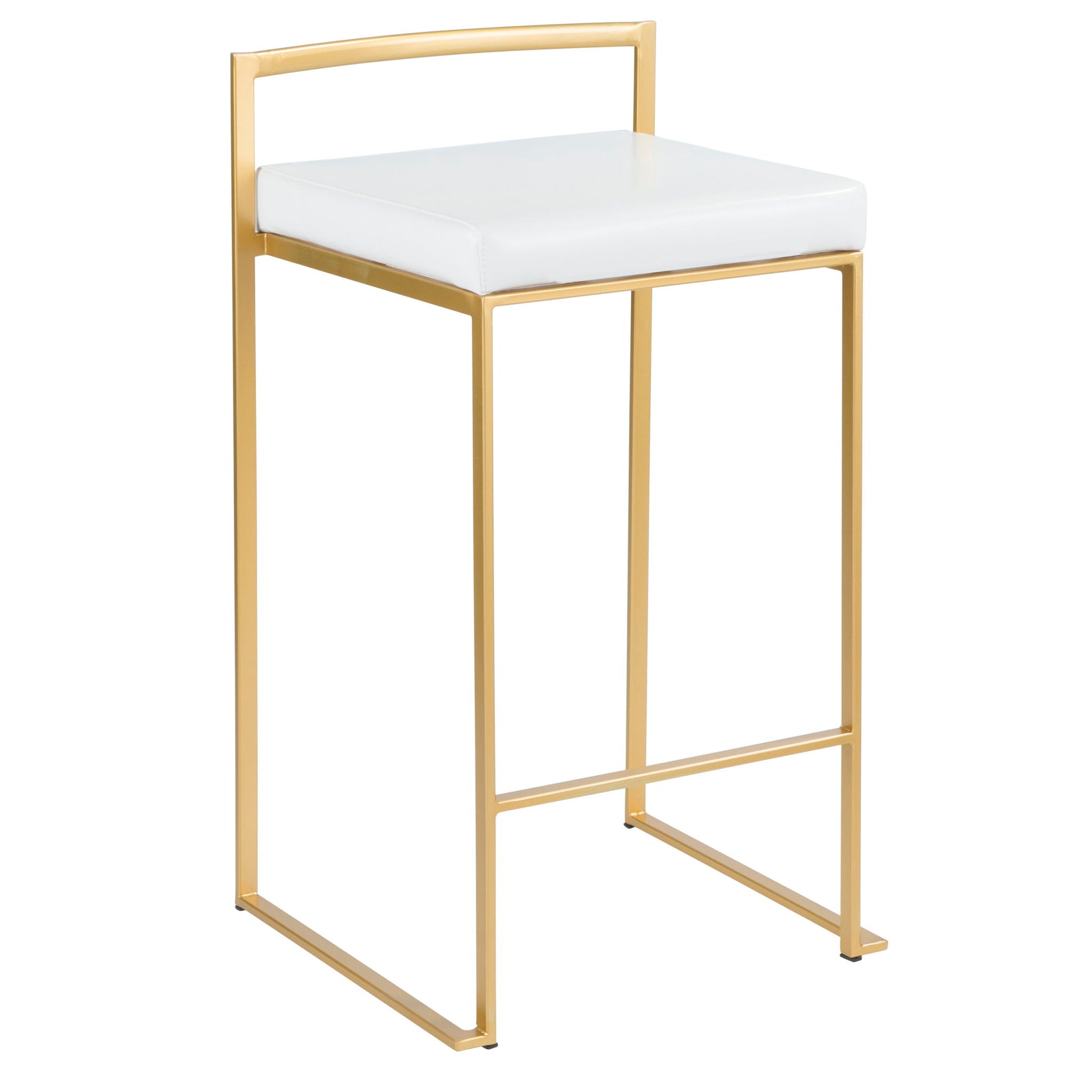 The Fuji Contemporary/Glam Counter Stool (Set of 2) features a gold metal frame, square white cushioned seat, minimalist design with clean lines, and an open back for a modern look.
