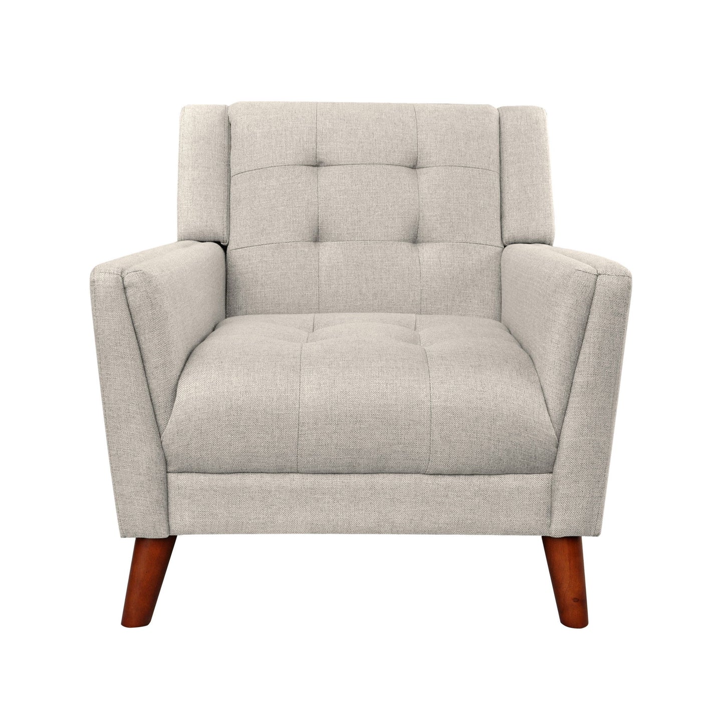 Front view of the Luminaesque Fabric Upholstered Armchair features a modern light gray design, button-tufted back, boxy silhouette, padded armrests, and angled wooden legs for contemporary style.
