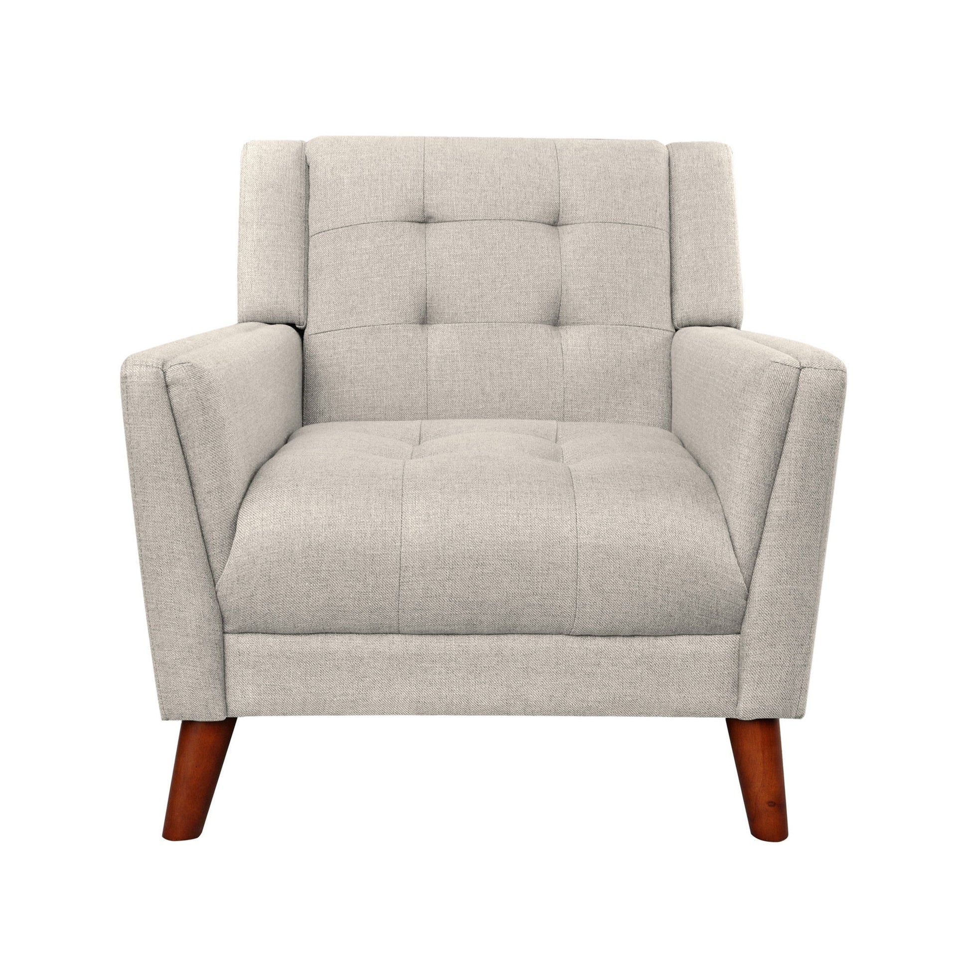 Front view of the Luminaesque Fabric Upholstered Armchair features a modern light gray design, button-tufted back, boxy silhouette, padded armrests, and angled wooden legs for contemporary style.