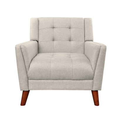Front view of the Luminaesque Fabric Upholstered Armchair features a modern light gray design, button-tufted back, boxy silhouette, padded armrests, and angled wooden legs for contemporary style.