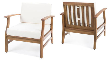 Two views of the Perla - Contemporary Club Chair With Water Resistant Cushion: one from the front and side, the other from the back and side. Features a sturdy wooden frame, slatted back design, and light-colored cushions.