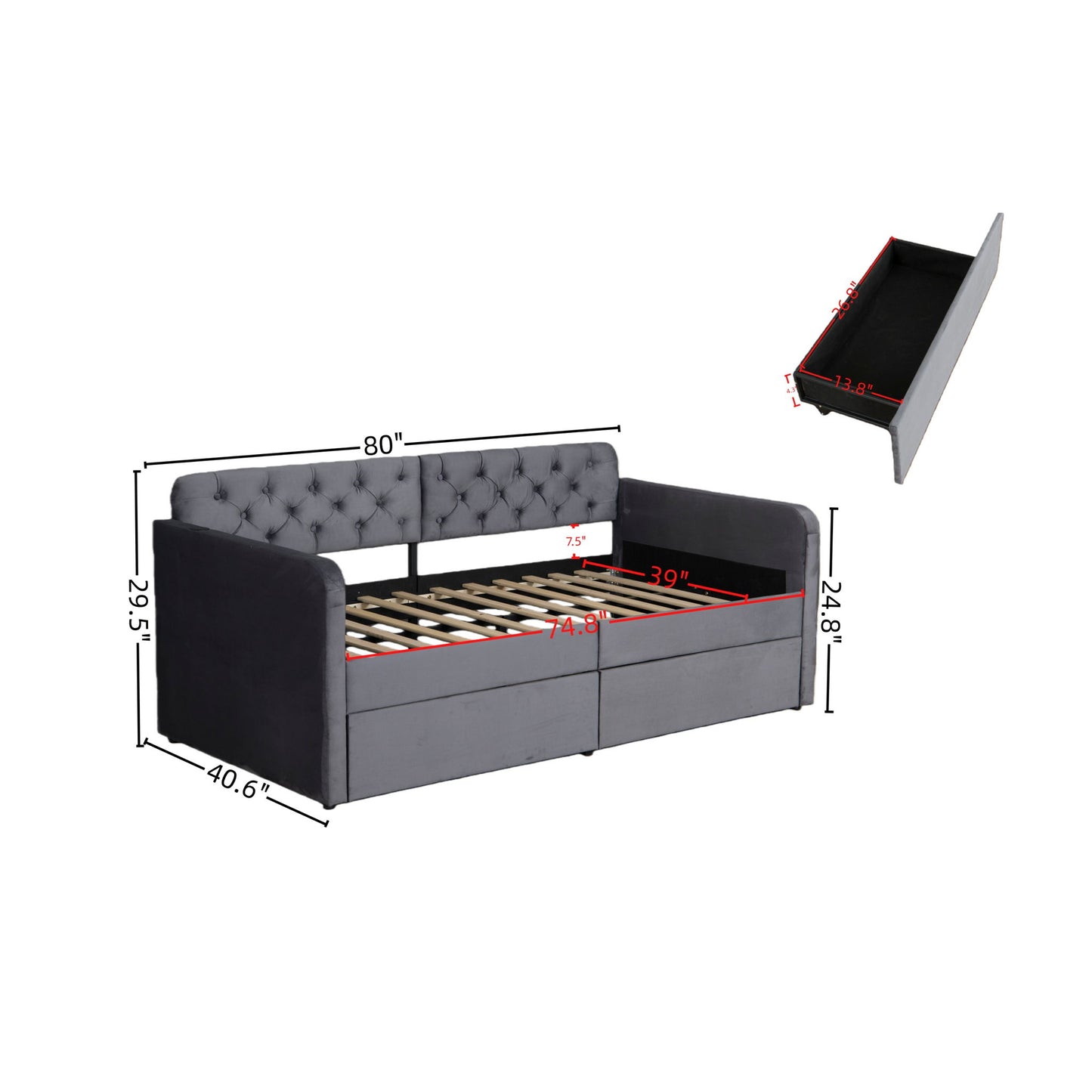 Twin Size Upholstered Daybed With 2 Storage Drawers And USB Charging Design - Gray
