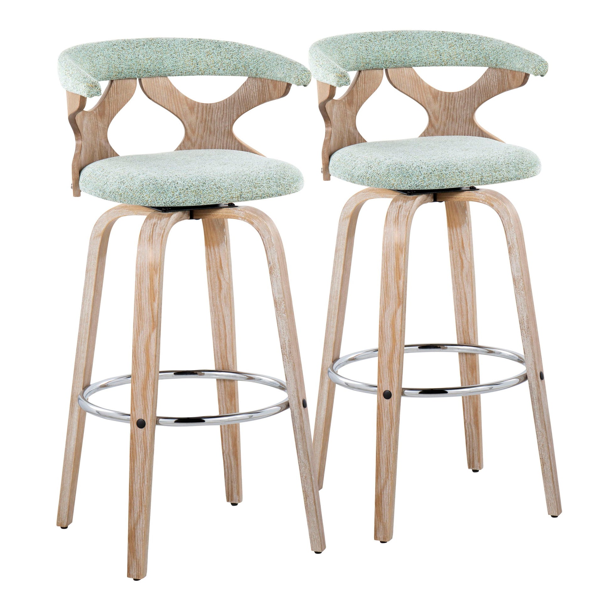 The Gardenia Contemporary Fixed Height Barstool With Swivel (Set of 2) features light wooden legs, round chrome footrests, and upholstered seats and backrests in light green fabric with unique cutout designs.