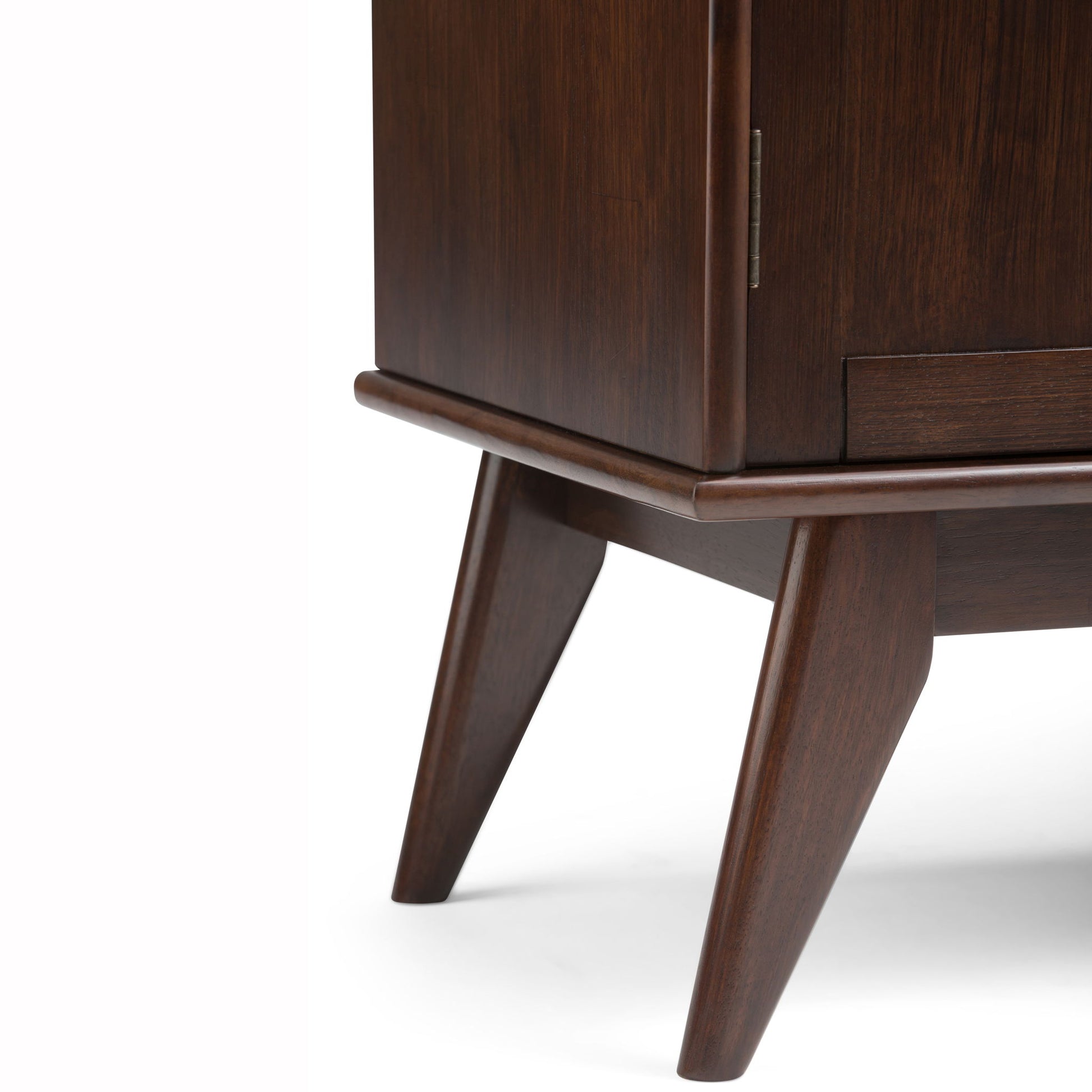Close-up of the Draper - Mid Century Sideboard Buffet And Wine Rack in Medium Auburn Brown, highlighting its sleek, angled leg and smooth finish in classic mid-century modern style against a white background.