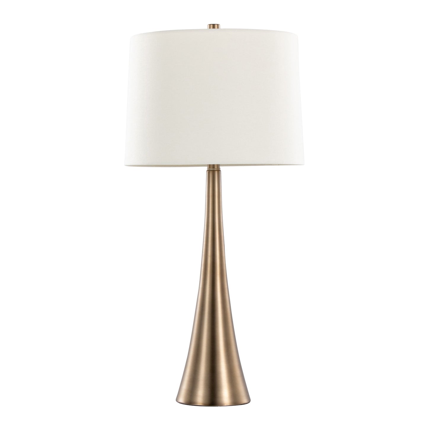The Diana Contemporary Table Lamp (Set of 2) features a tall, brushed brass cone-shaped base and a large white cylindrical lampshade, shown against a plain white background.