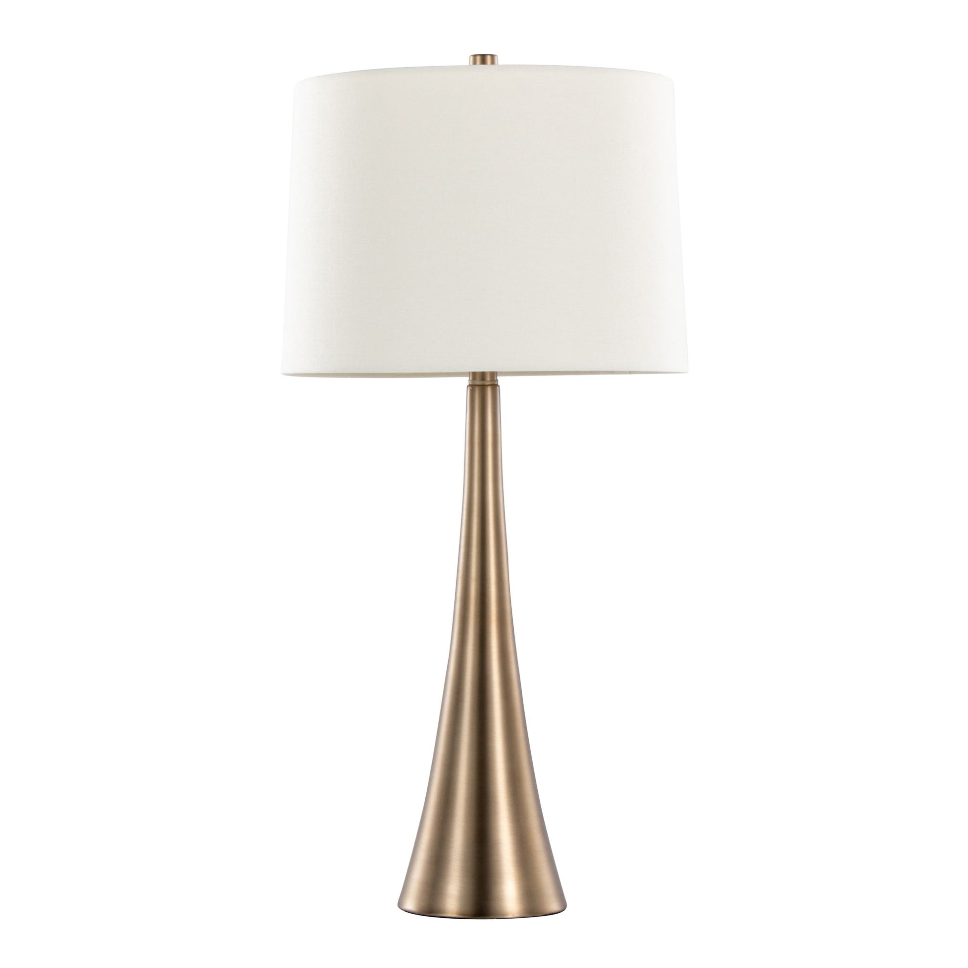 The Diana Contemporary Table Lamp (Set of 2) features a tall, brushed brass cone-shaped base and a large white cylindrical lampshade, shown against a plain white background.