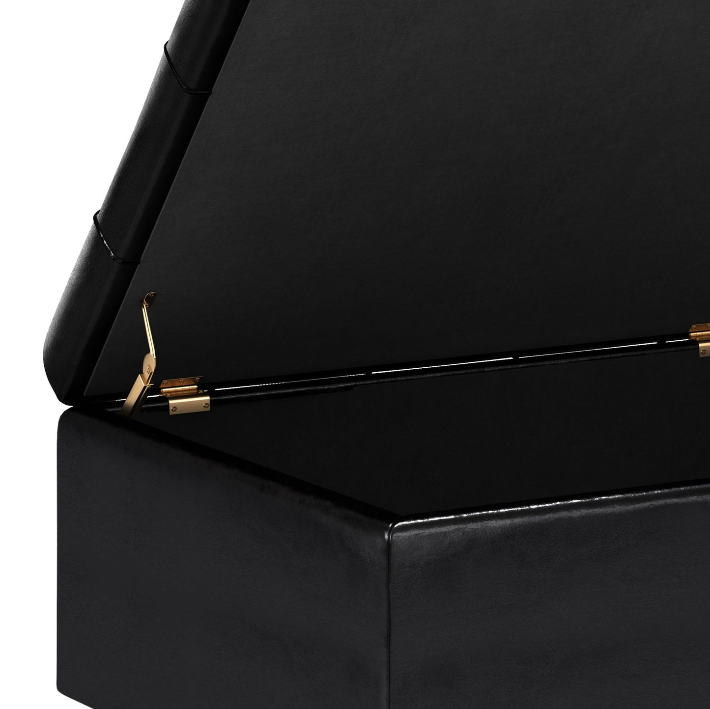 A close-up of the Harrison Upholstered Coffee Table Storage Ottoman with its hinged lid open, revealing the gold-colored metal hinge mechanism inside.