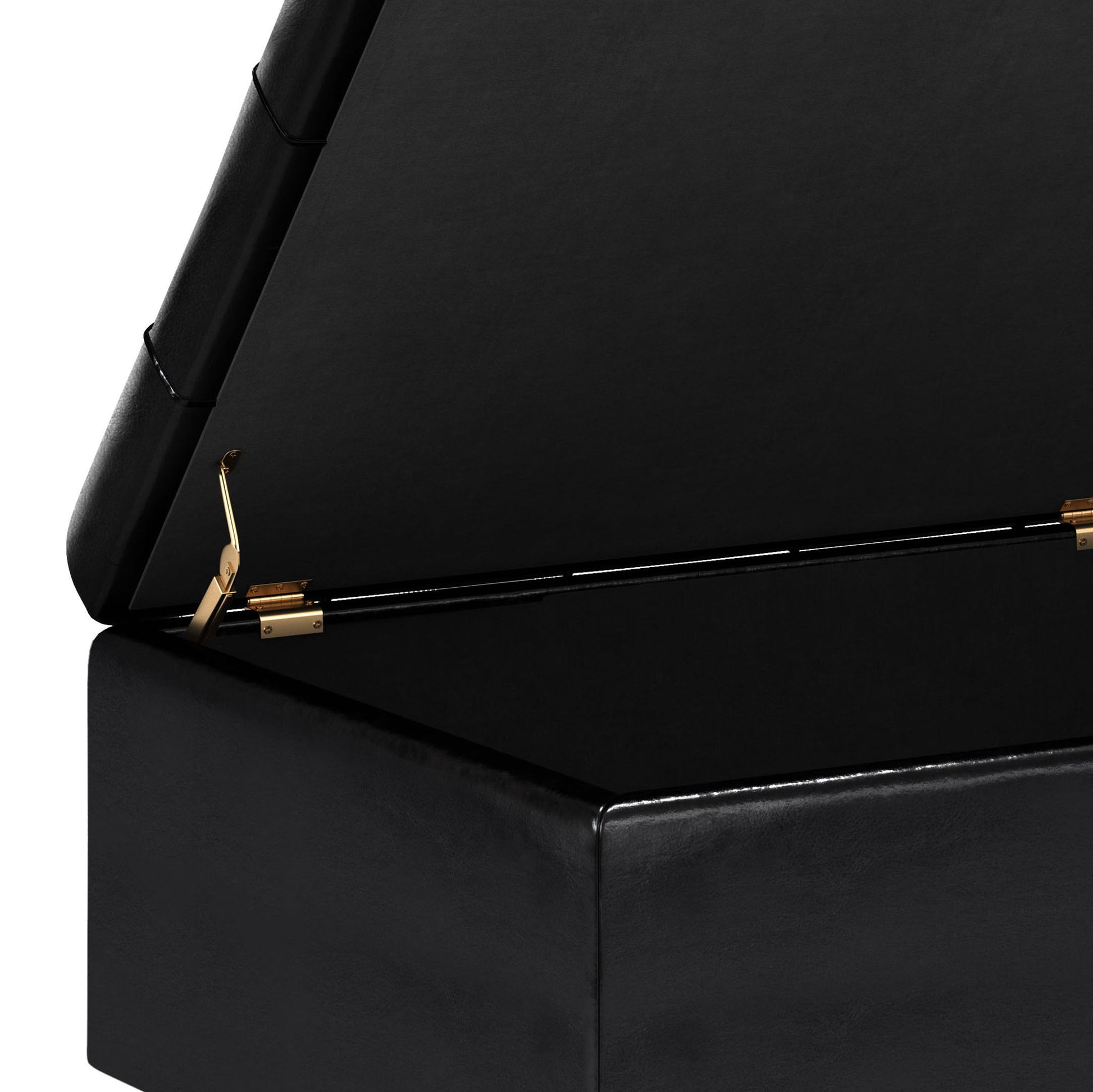 A close-up of the Harrison Upholstered Coffee Table Storage Ottoman with its hinged lid open, revealing the gold-colored metal hinge mechanism inside.