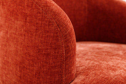 Close-up of a curved armrest and seat of the Chenille Fabric Swivel Accent Armchair Barrel Chair with powder-coated metal ring, highlighting its red textured upholstery and detailed stitching.