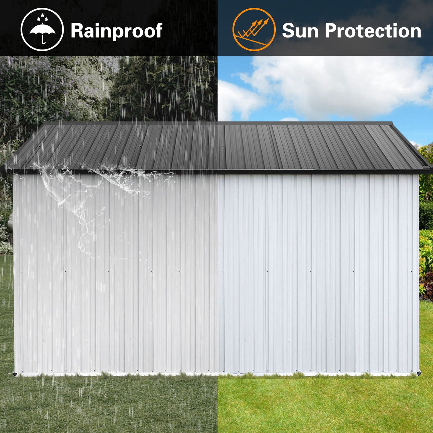 The 10' x 12' Garden Sheds Outdoor Storage Sheds is shown with rain labeled "Rainproof" on one side and sunlight labeled "Sun Protection" on the other, highlighting its weather-resistant design.