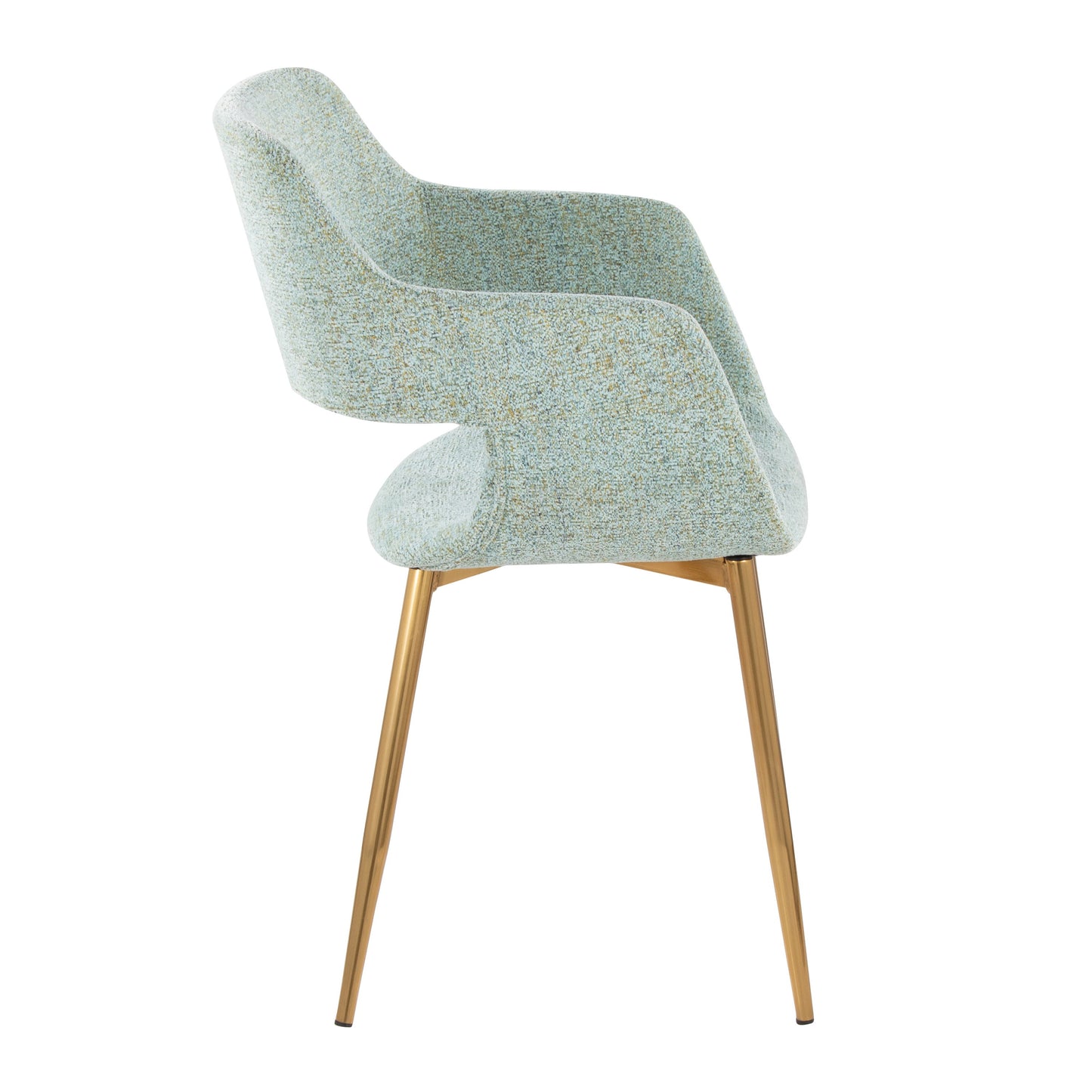 The Margarite - Contemporary Versatile Dining Chair showcases a sleek turquoise upholstered seat and backrest with curved contours, supported by four slender, angled wooden legs in a light brown finish. Shown as a side view against a plain white background. Set of 2.