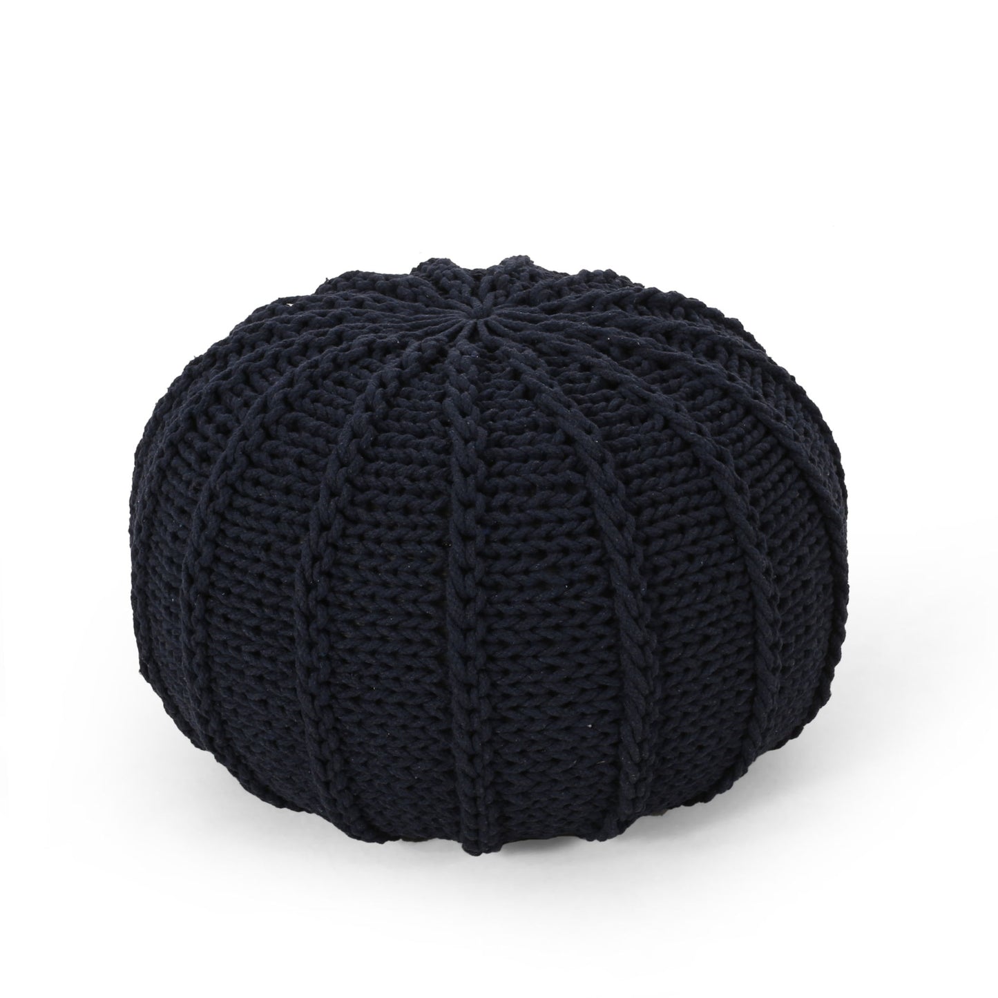 The Bordeaux Knitted Cotton Round Pouf Ottoman and Floor Cushion features a black, ribbed design with thick visible yarn, showcased on a plain white background.