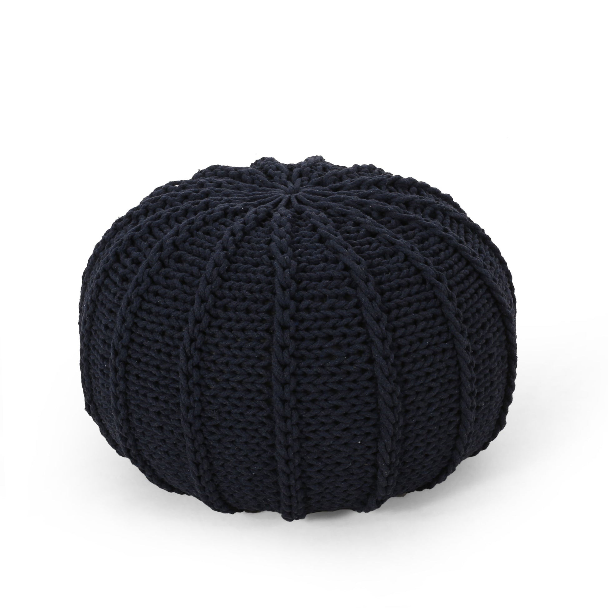 The Bordeaux Knitted Cotton Round Pouf Ottoman and Floor Cushion features a black, ribbed design with thick visible yarn, showcased on a plain white background.