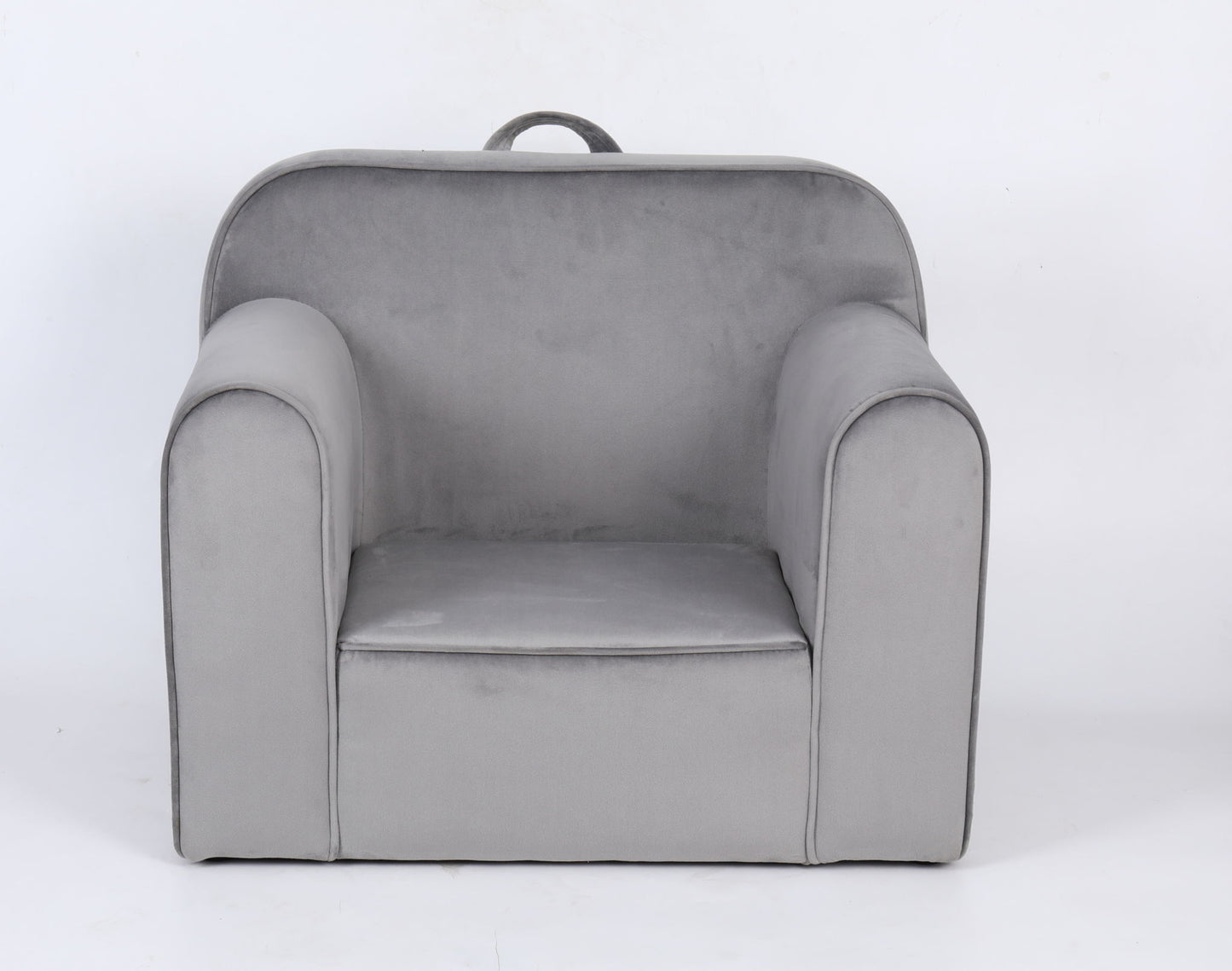The Durable Design Kids Club Sofa is a small, light gray upholstered armchair with rounded arms, a slightly curved backrest, and a fabric handle at the top for easy carrying. It is shown against a plain white background.