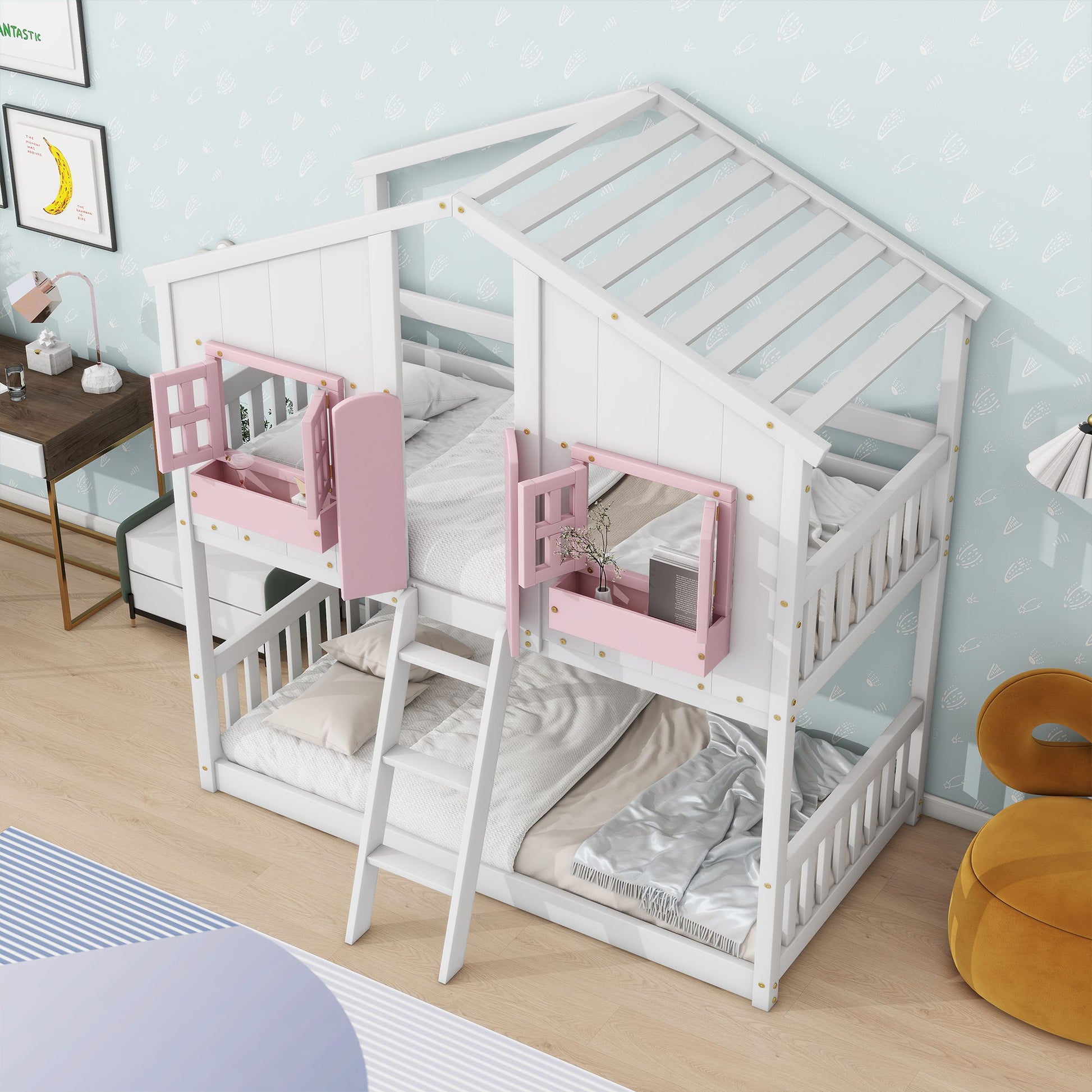 The House Bunk Bed With Roof, Window, Window Box, Door, and Safety Guardrails features a ladder and pink window frames; shown in a kids’ room with light blue wallpaper, a desk, bedding, and a plush mustard chair.
