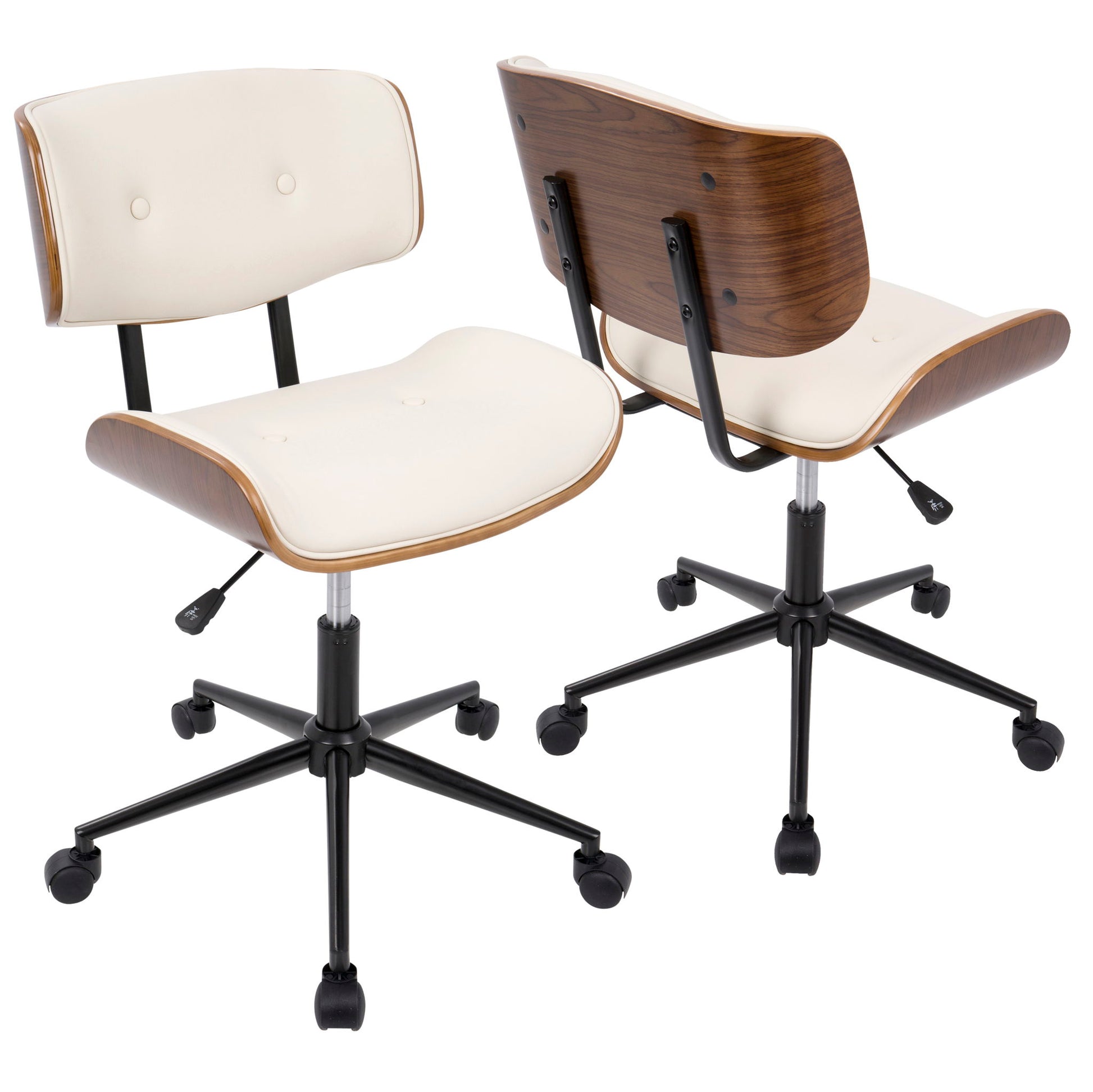 Two Lombardi Mid Century Modern Adjustable Office Chairs with white cushioned seats, curved wood veneer backs, black metal bases, and casters are displayed facing opposite directions.