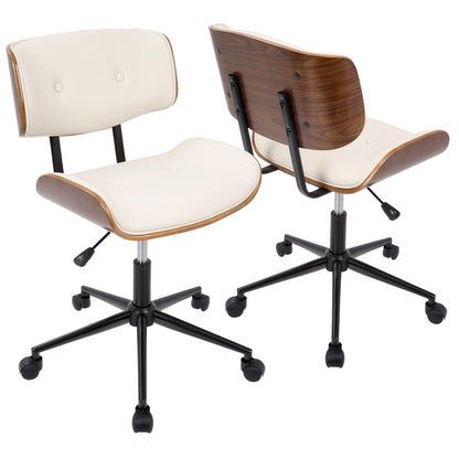 Two Lombardi Mid Century Modern Adjustable Office Chairs with white cushioned seats, curved wood veneer backs, black metal bases, and casters are displayed facing opposite directions.
