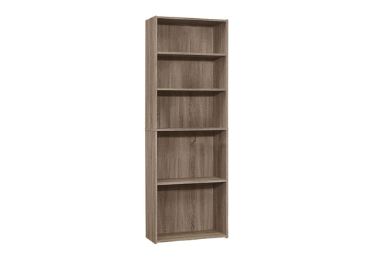 A tall, narrow 6-tier bookshelf with a light brown wood grain finish, perfect for office use and transitional decor, displayed on a white background.