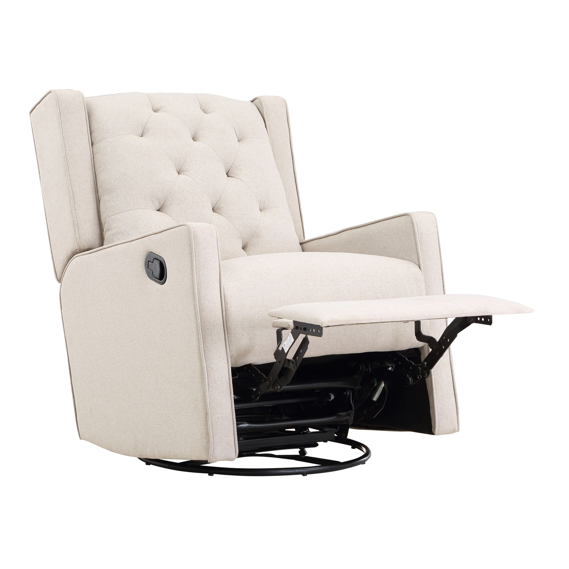 The Milah Gliding Swivel Recliner Tufted is a beige upholstered chair with a tufted backrest, slightly flared arms, an extended footrest, manual recline lever, and sits on a circular swivel base.
