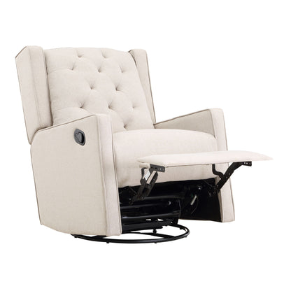 The Milah Gliding Swivel Recliner Tufted is a beige upholstered chair with a tufted backrest, slightly flared arms, an extended footrest, manual recline lever, and sits on a circular swivel base.