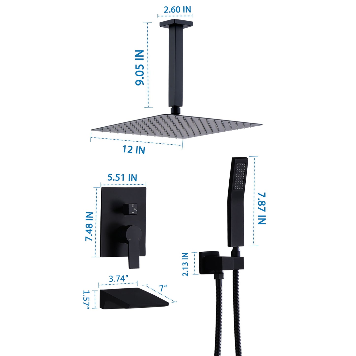 Contemporary Shower System With 12" Rainfall Head And Handheld Spray, Wall Mounted - Matte Black