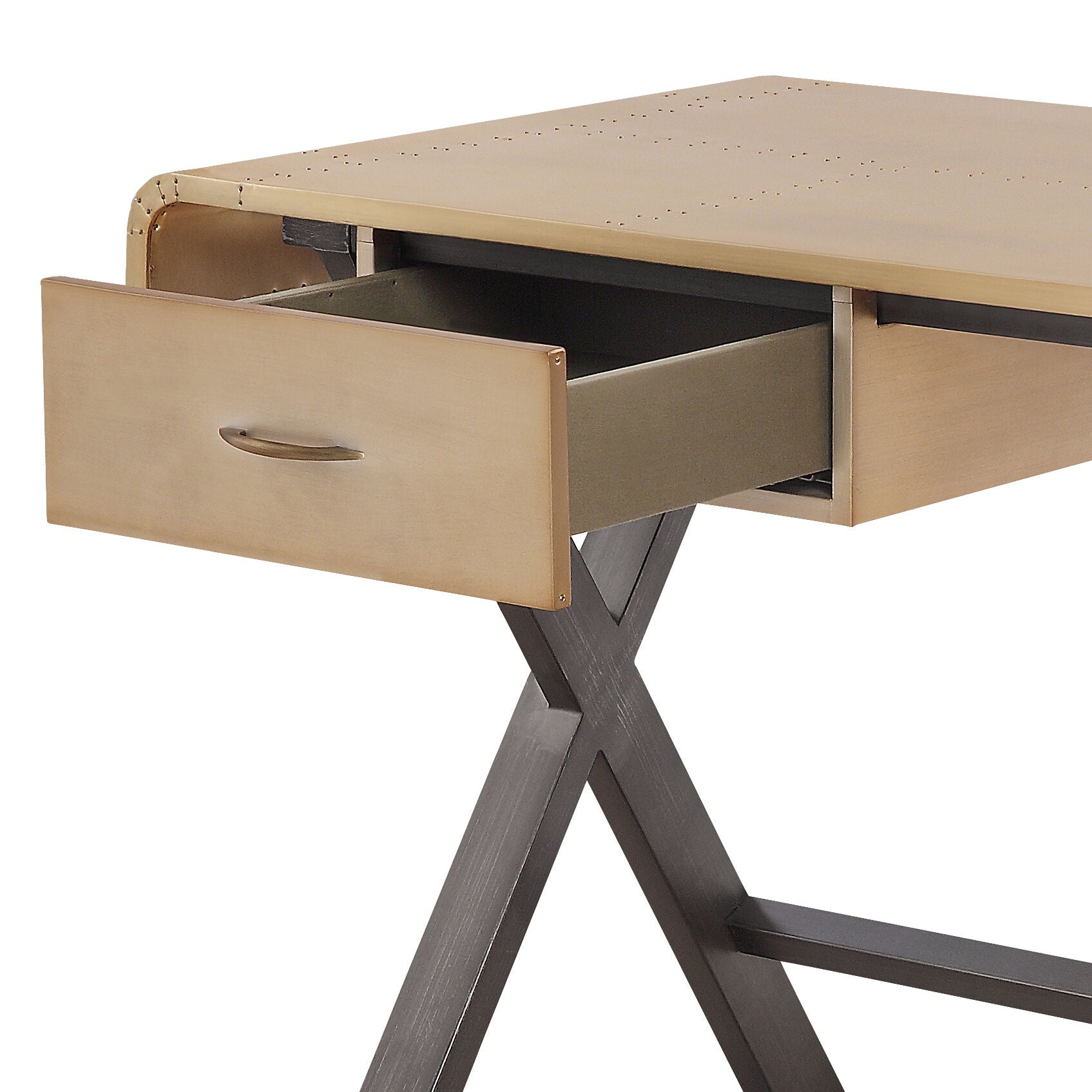 A close-up of the Couch.com Danton Writing Desk shows its wood construction, gold finish, modern style, and one storage drawer with a curved metal handle, partially open. The desk features aluminum top and top grain leather detailing.