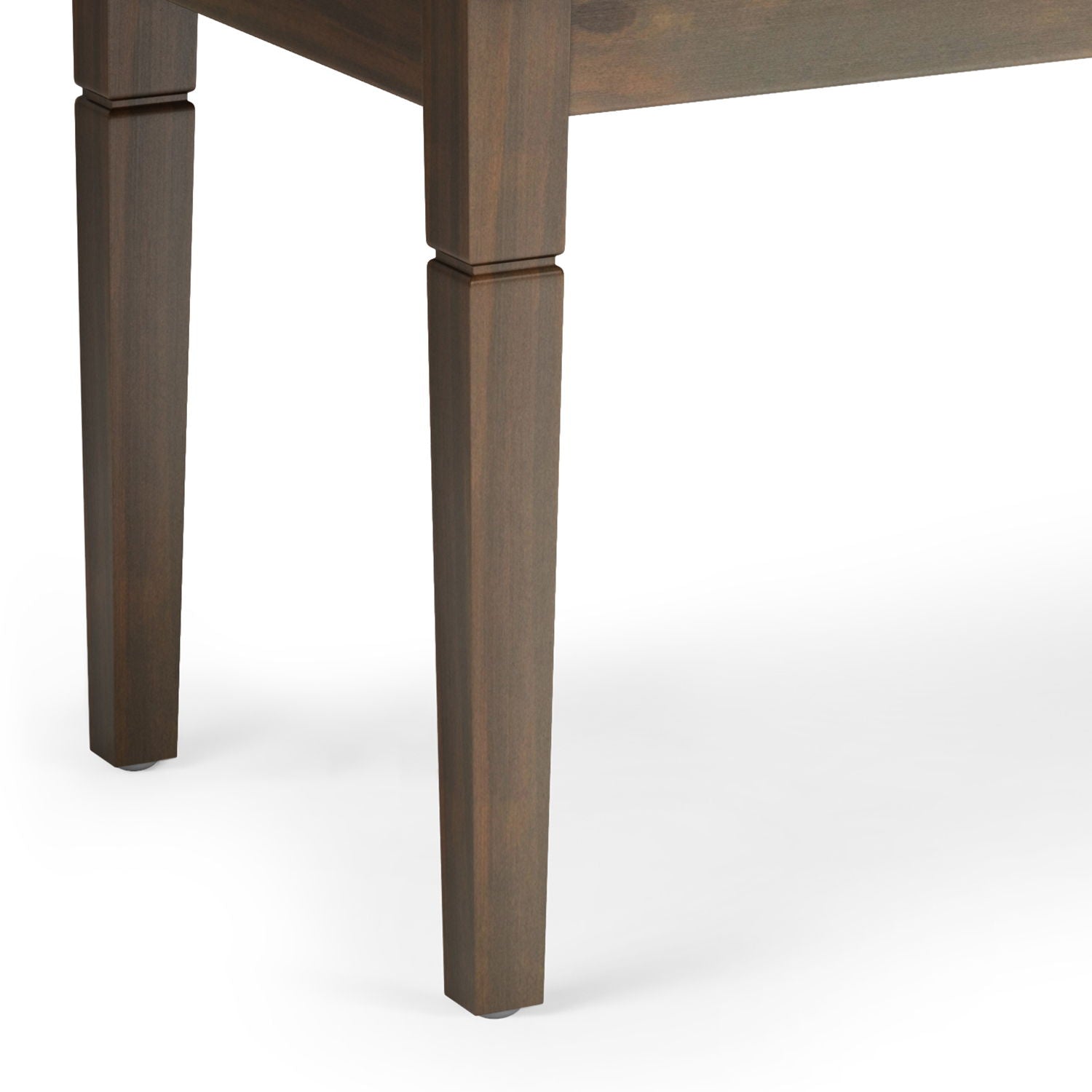 Close-up of two square, dark brown wooden legs with subtle decorative grooves near the top from the Waverly - Upholstered Tufted Ottoman Bench, shown against a plain white background.
