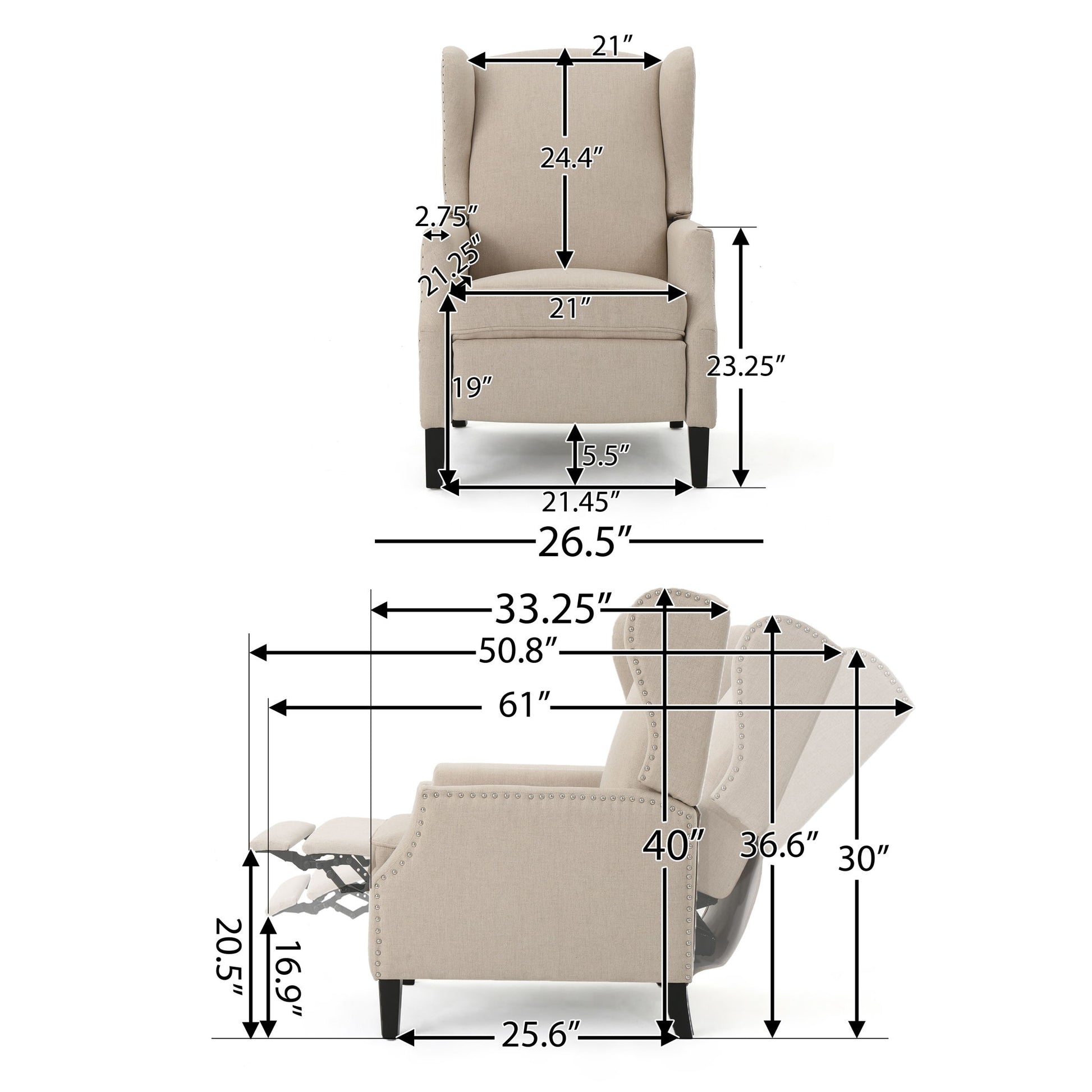 Front and side diagrams of the Westeros Wing Back Fabric Upholstered Recliner in beige, illustrating detailed width, height, depth, and reclined position measurements with labeled dimension lines.