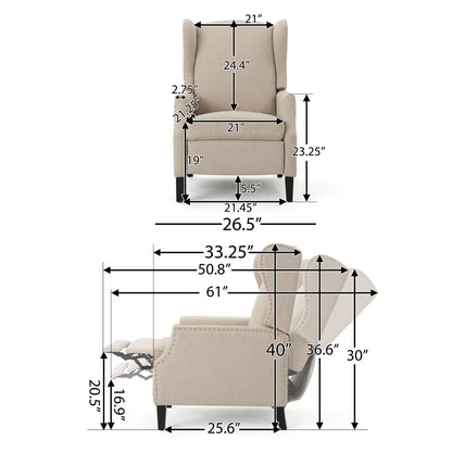 Front and side diagrams of the Westeros Wing Back Fabric Upholstered Recliner in beige, illustrating detailed width, height, depth, and reclined position measurements with labeled dimension lines.