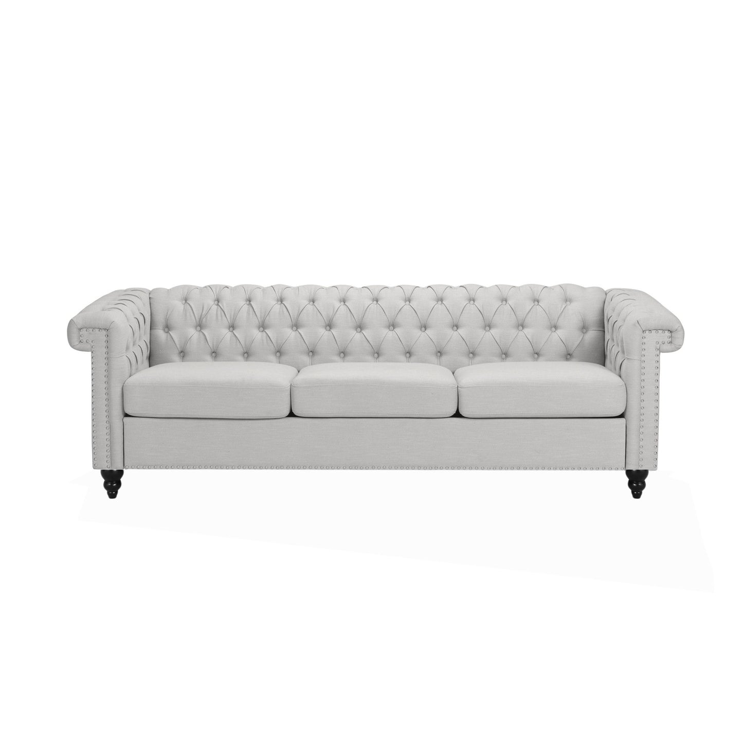 The Chesterfield Style 3 Seater Sofa With Deep Button Tufting features a light gray finish, tufted backrest, rolled arms, and dark wooden legs, shown here against a white background.