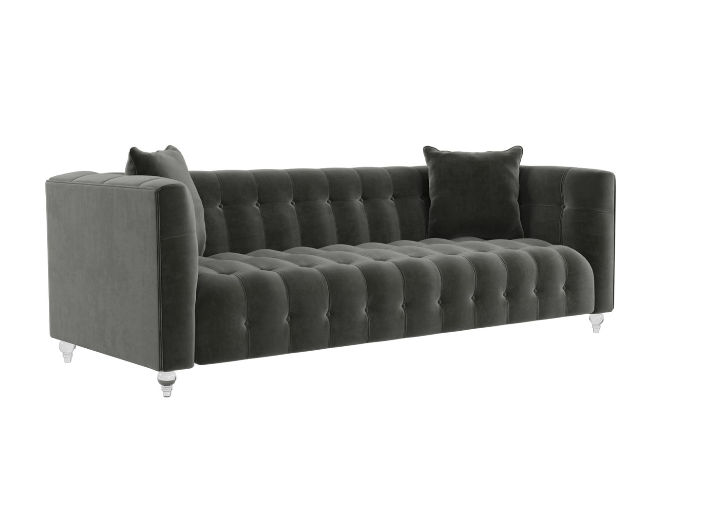 Introducing the Bea Velvet Tufted Sofa, a grey velvet masterpiece featuring a classic design with two cushions. This sofa boasts a long, plush seat and backrest adorned with elegant button detailing. It stands on short, cylindrical legs in a contrasting light color for added style.