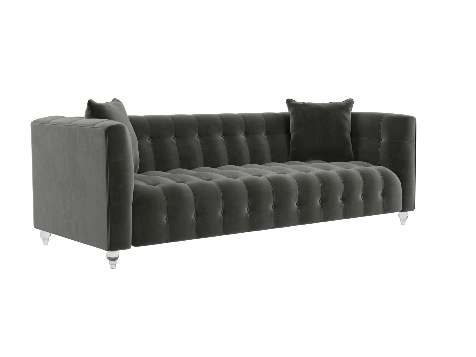 Introducing the Bea Velvet Tufted Sofa, a grey velvet masterpiece featuring a classic design with two cushions. This sofa boasts a long, plush seat and backrest adorned with elegant button detailing. It stands on short, cylindrical legs in a contrasting light color for added style.