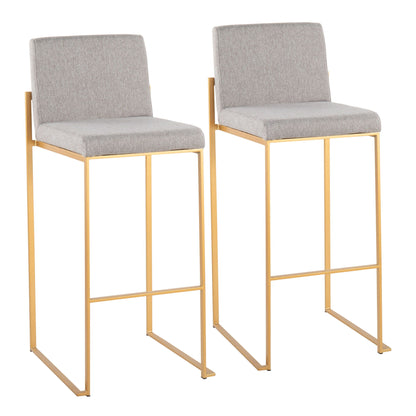 The Fuji Contemporary Design High Back Barstool set includes two modern stools with light gray cushioned seats and backs, sleek gold metal frames, and footrests, displayed side by side on a white background.