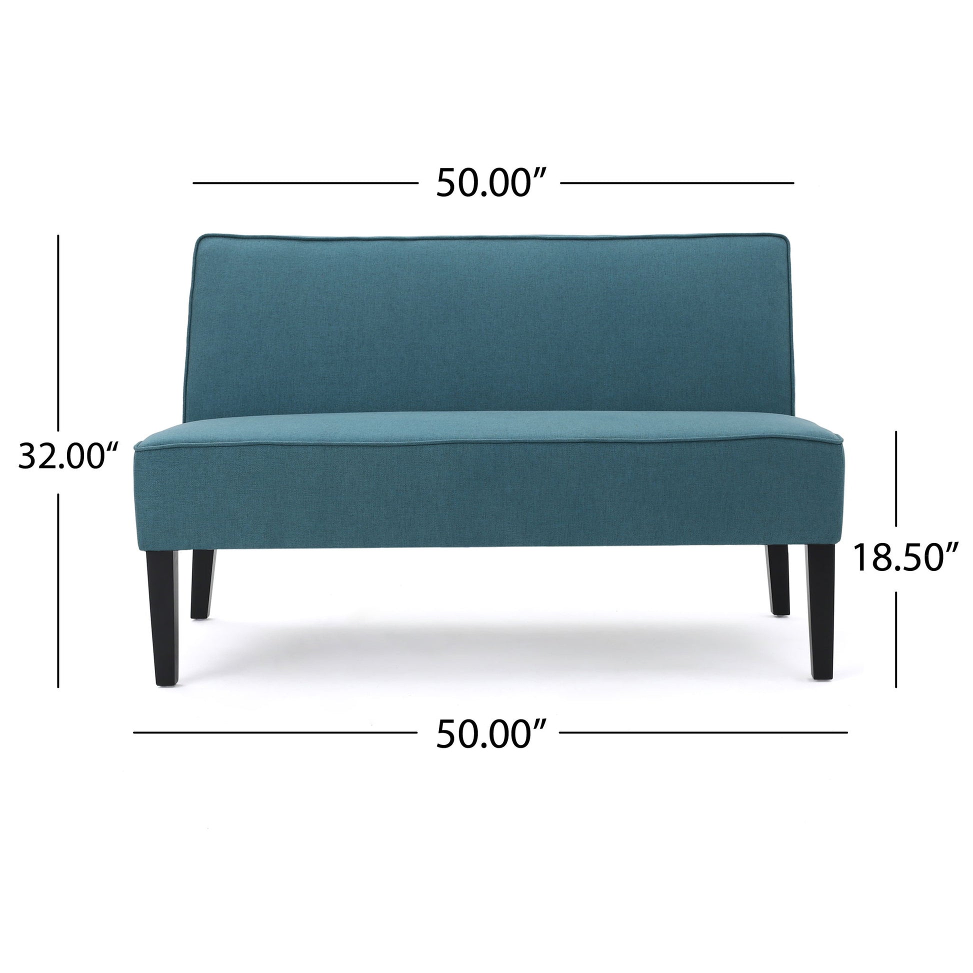 The Contemporary Loveseat With Upholstered Fabric and birch wood legs is shown from the front in teal. Dimensions: 50" wide, 32" high, and seat height is 18.5".