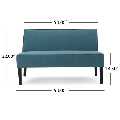 The Contemporary Loveseat With Upholstered Fabric and birch wood legs is shown from the front in teal. Dimensions: 50" wide, 32" high, and seat height is 18.5".