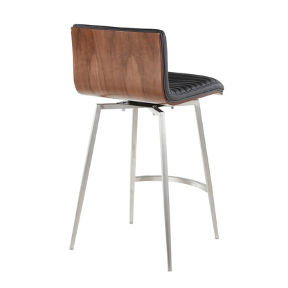 The Mason - Contemporary Swivel Counter Stool (Set of 2) features a modern design with a curved wooden backrest, black cushioned seat, metal legs, an angled footrest, and minimalist style.