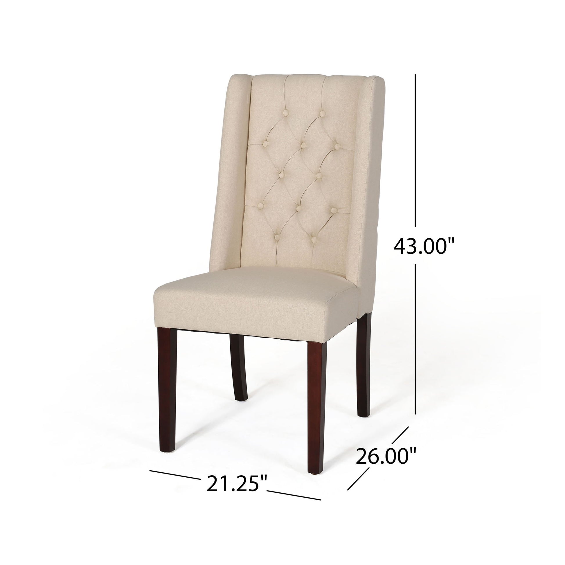 The Sophisticated Tufted Dining Chair With High Back Design features beige upholstery, a tufted backrest, dark wooden legs, and measures 43"H x 21.25"W x 26"D.