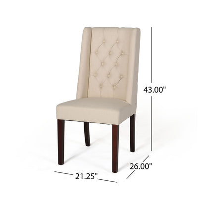 The Sophisticated Tufted Dining Chair With High Back Design features beige upholstery, a tufted backrest, dark wooden legs, and measures 43"H x 21.25"W x 26"D.