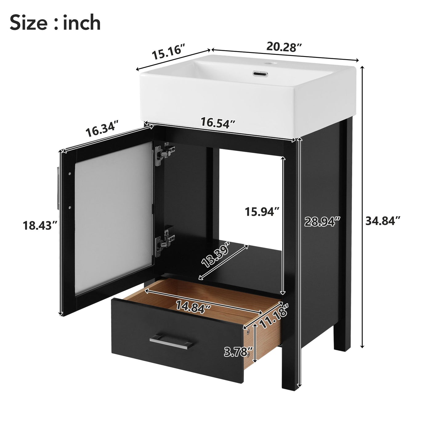 Bathroom Vanity With Ceramic Sink And Ample Storage for small bathrooms shown with open door and drawer. Dimensions (inches) are displayed for unit, sink, cabinet, and drawer width, height, and depth.