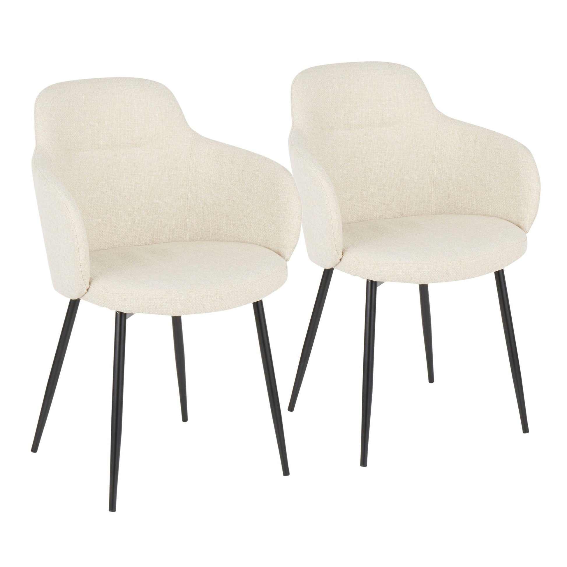 Two Boyne - Industrial Chairs with cream-colored upholstered seats and backs, curved armrests, and black metal legs are placed side by side on a white background.