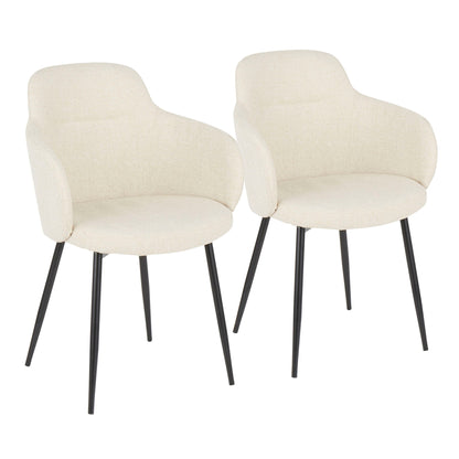 Two Boyne - Industrial Chairs with cream-colored upholstered seats and backs, curved armrests, and black metal legs are placed side by side on a white background.