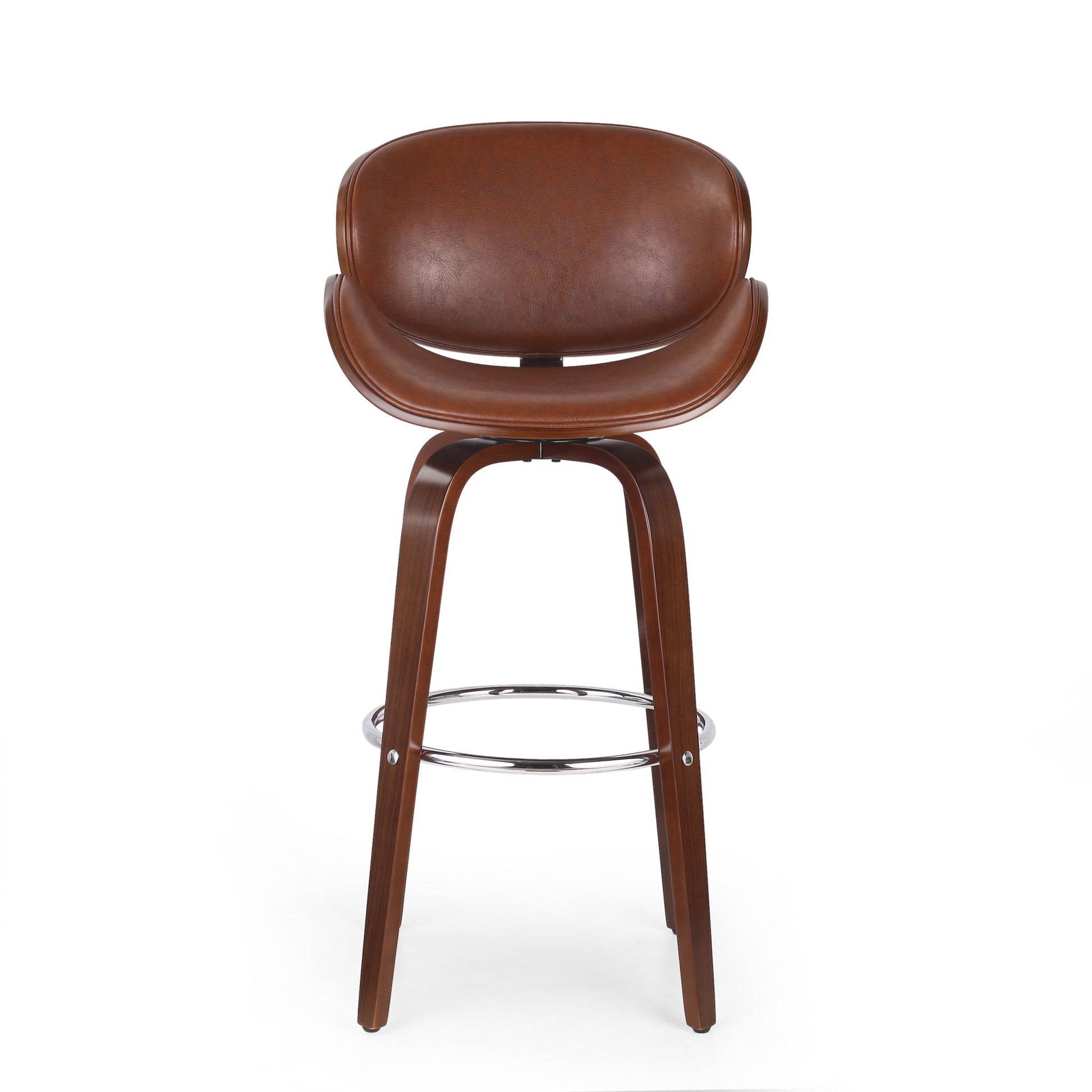 The Lumos - Mid Century Modern Upholstered Swivel Barstool features a curved brown leather seat and backrest, wooden legs, and a circular chrome footrest, shown against a plain white background.