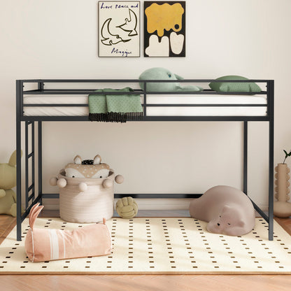 A child's room with the Adam - Junior Twin Loft Bunk in black, green stuffed animals on top, wall art, a round basket with animal ears, plush toy animals, and a cream rug with black dots on a wooden floor.