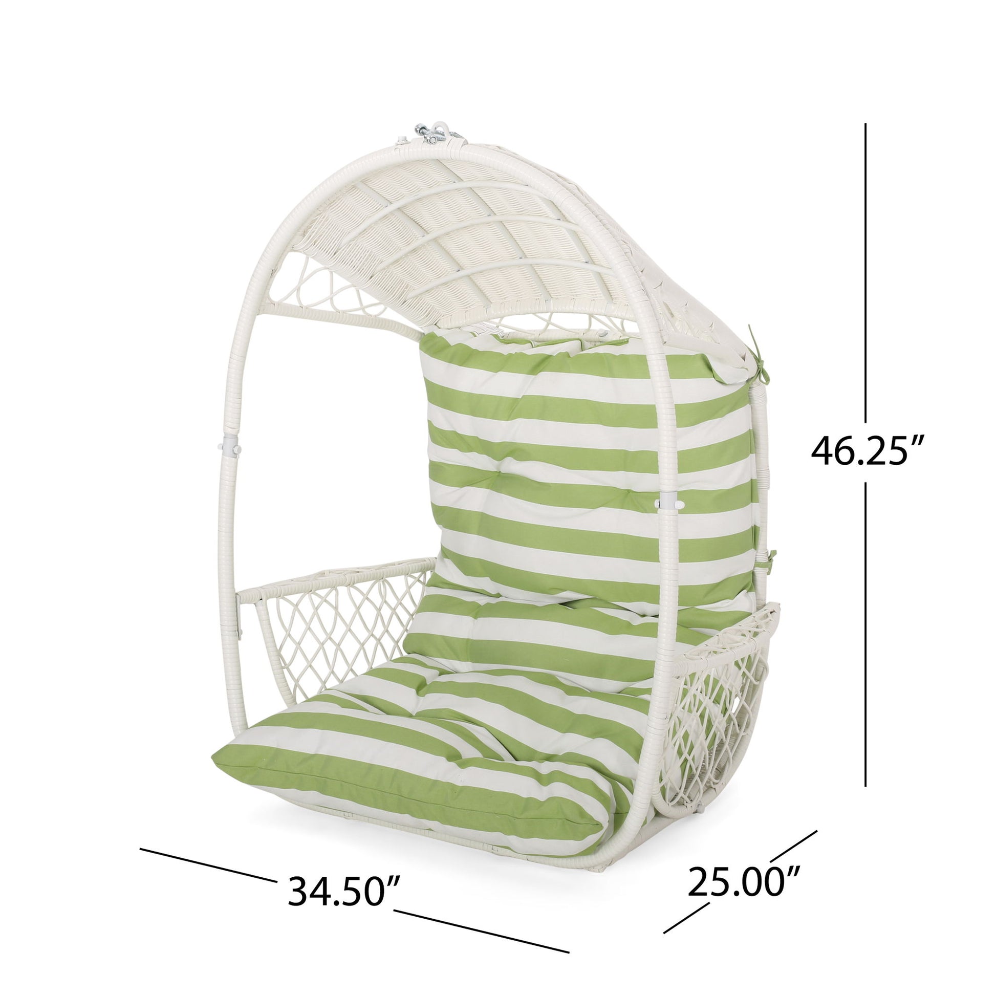 The Malia Wicker Hanging Chair features a white frame, curved canopy, side netting, and a green and white striped cushion. Dimensions: 46.25" H x 34.5" W x 25" D.