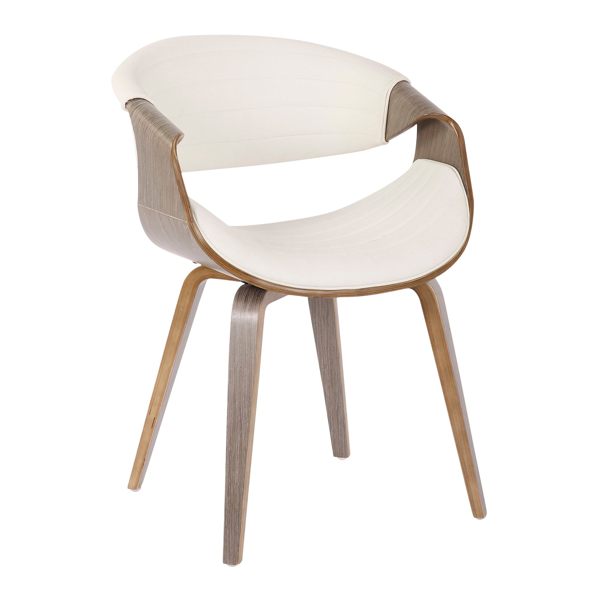 The Symphony - Mid Century Modern Dining Chair features a curved wooden frame, four angled legs, and a white cushioned seat and backrest, offering a minimalist and contemporary design.