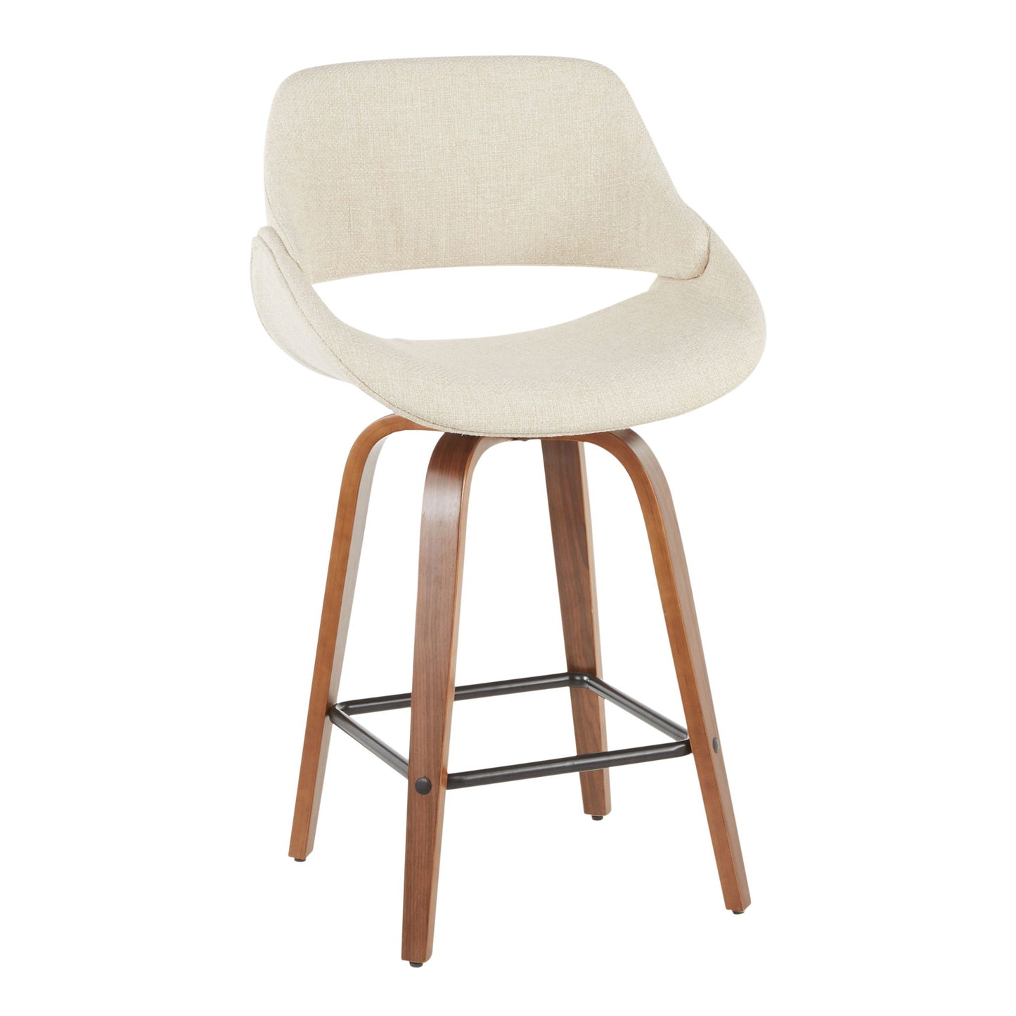 The Fabrico mid-century modern counter stool set features curved beige upholstered seats, wooden legs, and a black metal footrest.